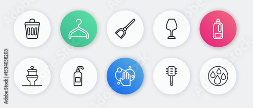 Set line Sponge, Bottle for detergent, Toilet bowl, brush, Wine glass, Dustpan, Water drop and Antibacterial soap icon. Vector