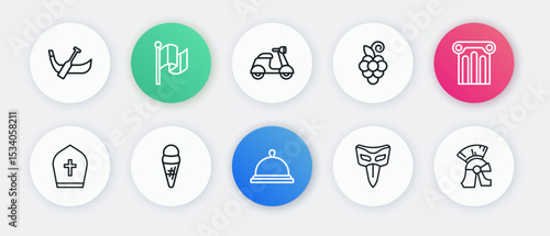 Set line Covered with tray of food, Ancient column, Pope hat, Carnival mask, Grape fruit, Scooter, Roman army helmet and Ice cream in waffle icon. Vector
