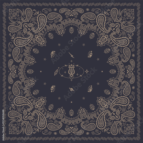 Bandana Print. Hops bandanna hops space, saturn. paisley seamless pattern. flowers, hops, rice. Dark Chocolate color  pattern template. Silk neck scarf or kerchief square pattern design.