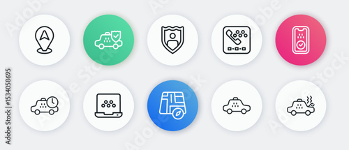 Set line Location taxi car, Taxi mobile app, waiting time, call telephone service, Life insurance with shield, Broken and icon. Vector