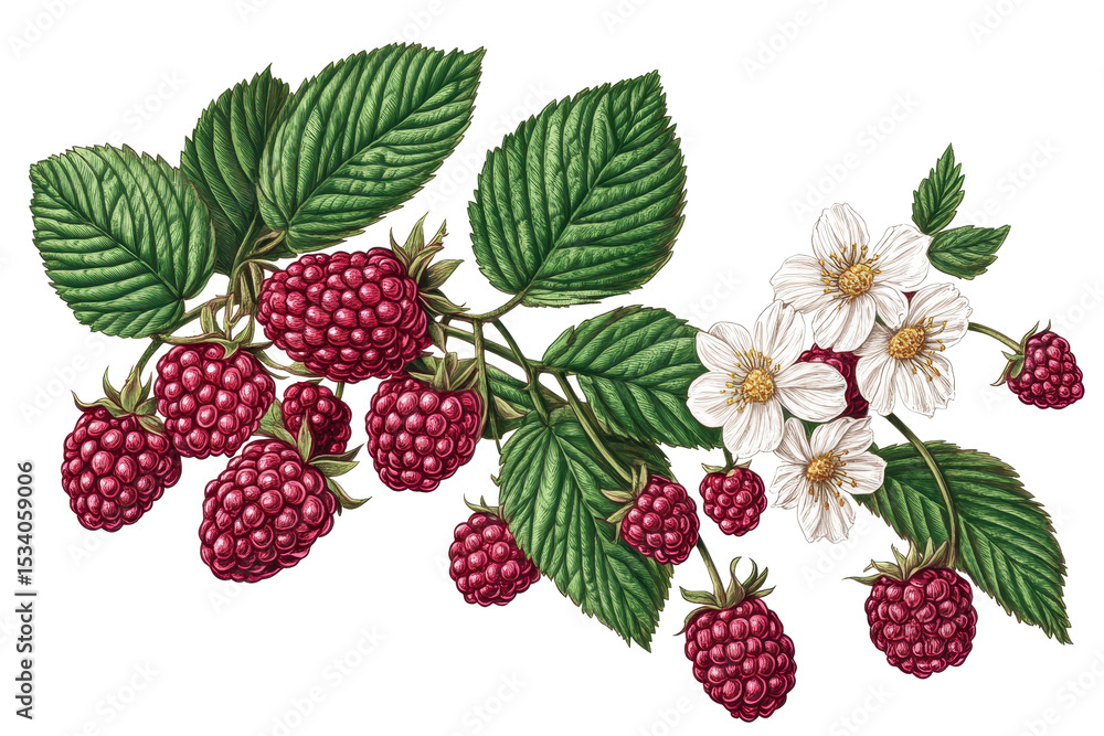 Modern drawings featuring raspberries showcasing vibrant colors and intricate details in a botanical illustration style Modern drawings featuring raspberries showcasing vibrant colors and intricate details in a botanical illustration style