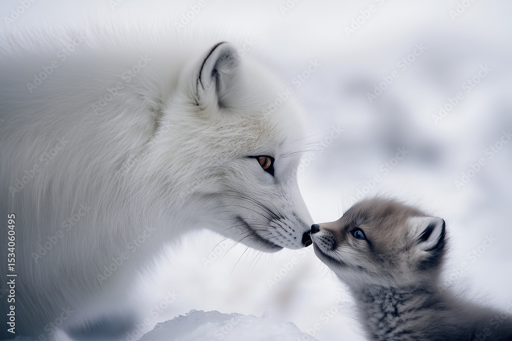 Fototapeta premium Arctic fox and fox cub in the snow.