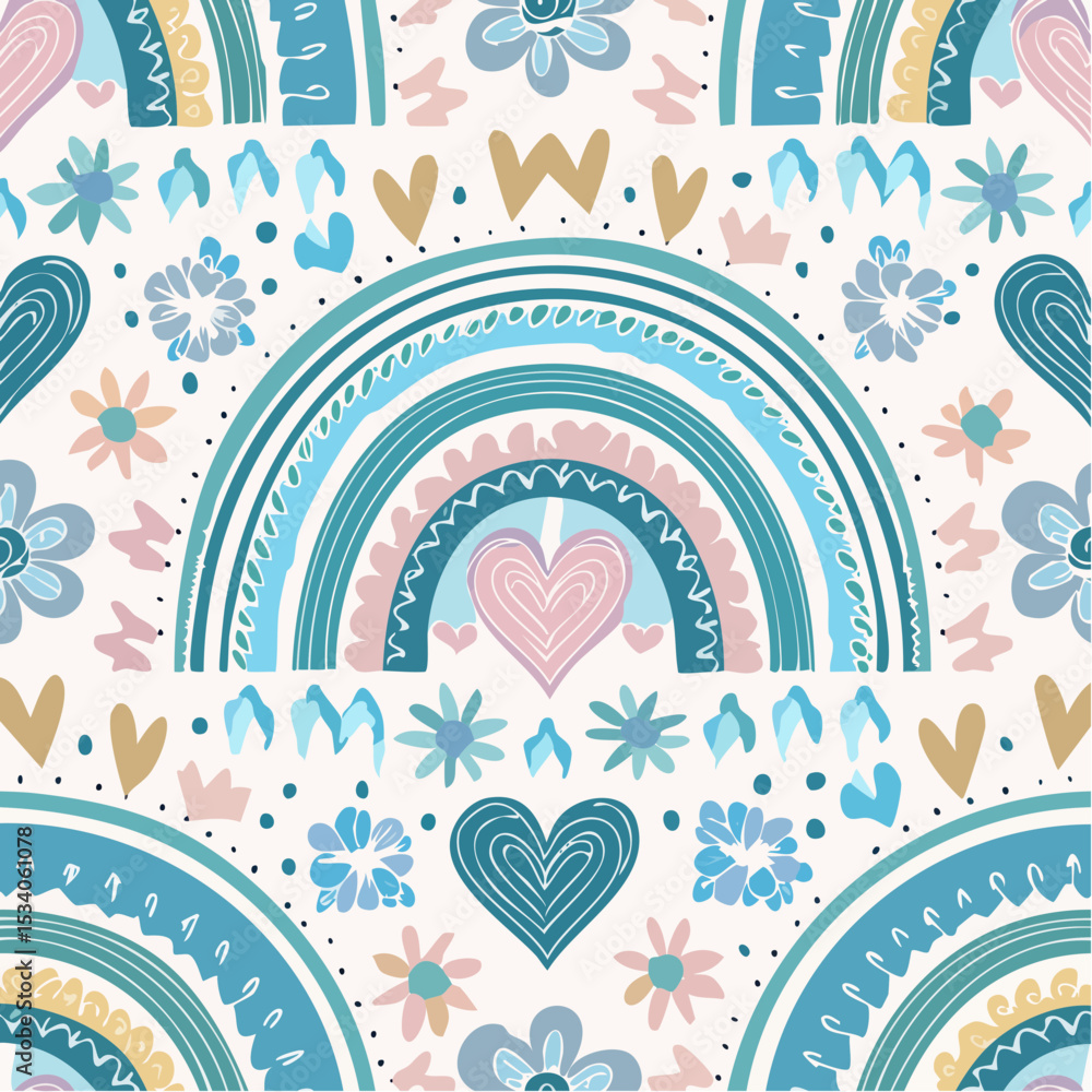 Naklejka premium Colorful rainbow, heart and flower seamless pattern background