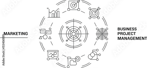 Marketing and business project management icons arranged in a circular diagram on a light background