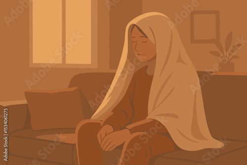Girl sitting quietly with blanket over shoulders showing warmth and mental health care