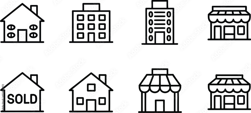 Illustration of real estate icons including houses apartments and shops on colored rounded squares Illustration of real estate icons including houses apartments and shops on colored rounded squares