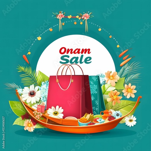Onam Sale Festive Shopping Bags Flowers Boat