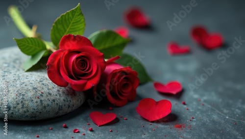 Elegant red rose arrangement on grey stone Valentine's Day greeting card , romantic, gift, red