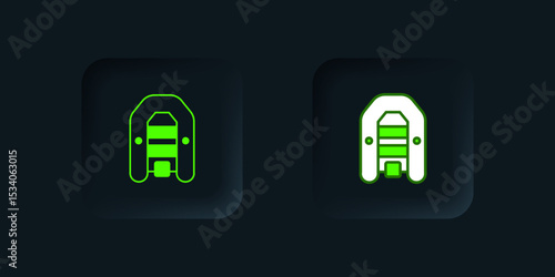 Green Inflatable boat with outboard motor icon isolated on black background. Black square button. Vector