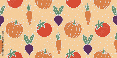 Vegetables on a yellow background. Seamless pattern under clipping mask, convenient for editing. Pumpkin, tomato, carrot, beet. Background for paper, cover, textile.