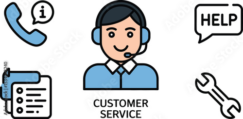 Illustration of customer service icons including agent, phone, help, checklist, and wrench tool