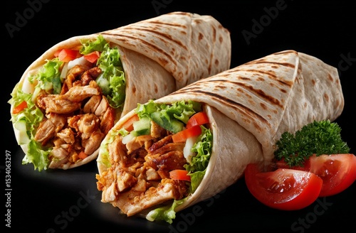 Two Chicken Wraps with Vegetables on Black Background