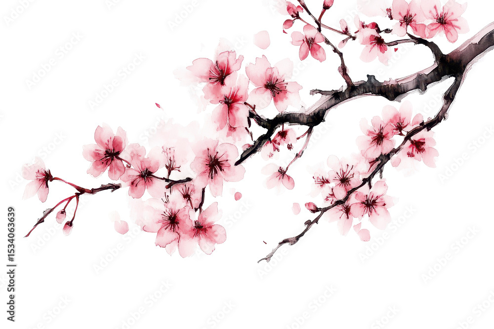 Delicate sakura blossoms in traditional ink painting style capturing the essence of spring's beauty and tranquility across a serene landscape setting Delicate sakura blossoms in traditional ink painting style capturing the essence of spring's beauty and tranquility across a serene landscape setting