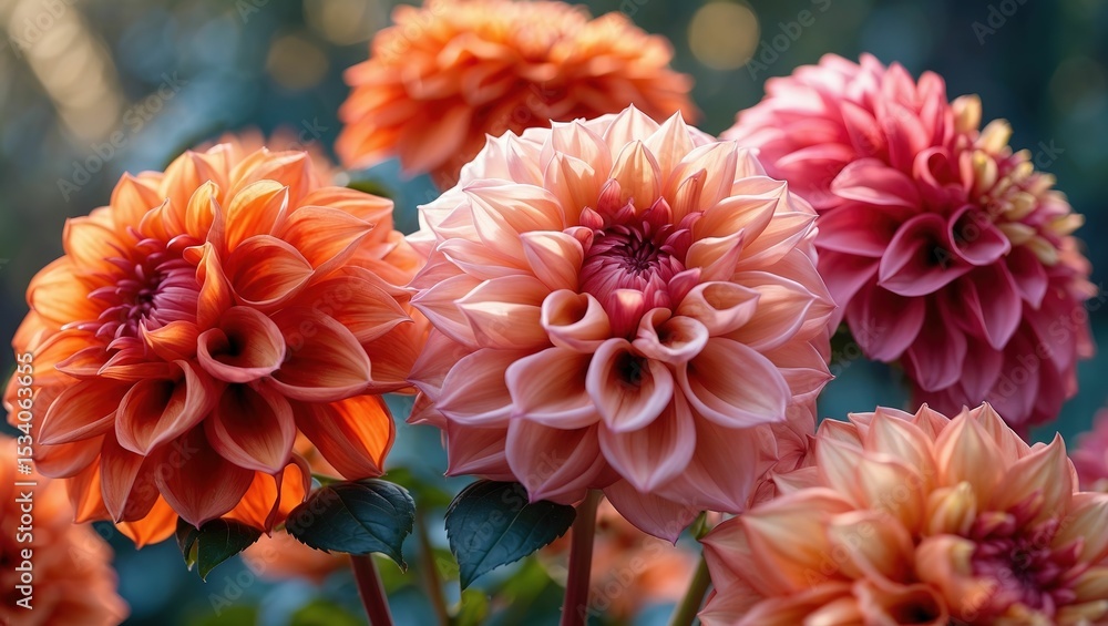 Stunning close up of colorful dahlia flowers in shades of orange and pink blossom Stunning close up of colorful dahlia flowers in shades of orange and pink blossom