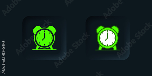 Green Alarm clock icon isolated on black background. Wake up, get up concept. Time sign. Black square button. Vector