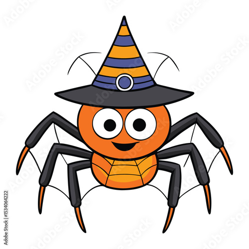 A cute cartoon spider with big eyes and a pointy witch hat dangles from a silky thread, casting tiny spells and spooky giggles—perfect for Halloween fun!

