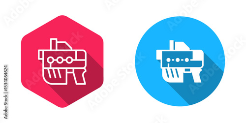 Filled and outline Futuristic space gun blaster icon isolated with long shadow background. Laser Handgun. Alien Weapon. Vector