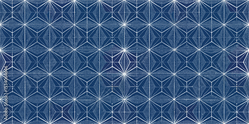 Intricate geometric pattern in deep blue and white tones.