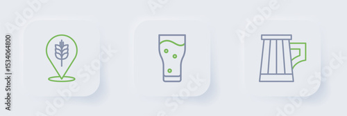 Set line Wooden beer mug, Glass of and Wheat icon. Vector