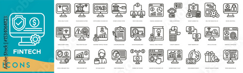 Fintech Icon set. Digital Wallet Access, Online Banking Platform, Cryptocurrency Exchange Hub, Payment Gateway System, Peer to Peer Lending, Financial Dashboard View and Robo Advisor Engine
