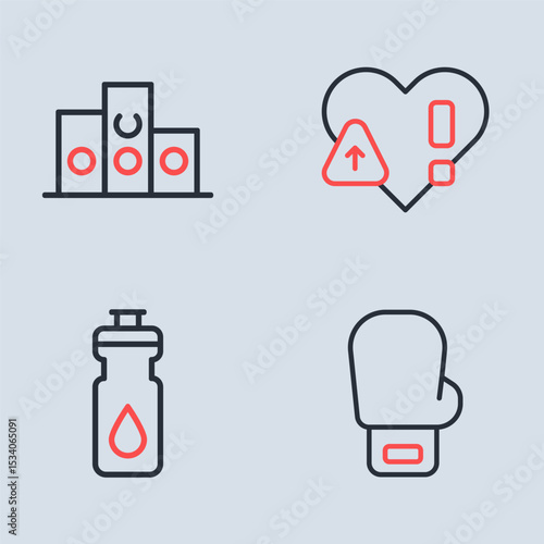 Set line Heart rate, Fitness shaker, Boxing glove and Award over sports winner podium icon. Vector