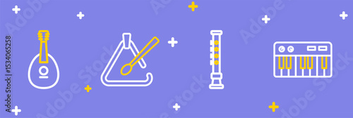 Set line Music synthesizer, Flute, Triangle musical instrument and Mandolin icon. Vector