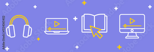 Set line Online play video, book, and Headphones icon. Vector