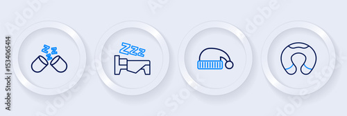 Set line Travel neck pillow, Sleeping hat, Time to sleep and icon. Vector