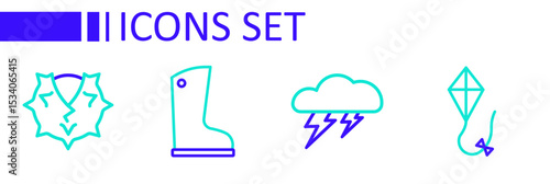 Set line Kite, Cloud and lightning, Waterproof rubber boot and Chestnut icon. Vector