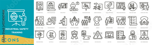 Industrial Safety Training icon set. Safety Training Manual, Protective Gear Instruction, Fire Drill Practice, First Aid Training, Hazard Recognition Course and Emergency Response Drill