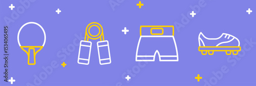 Set line Football shoes, Boxing short, Sport expander and Racket icon. Vector