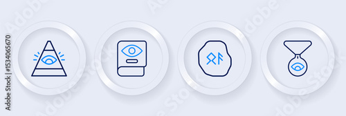 Set line Medallion on chain with eye, Magic runes, Ancient magic book and All-seeing of God icon. Vector