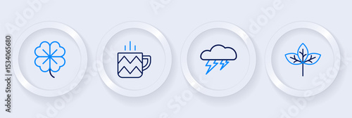 Set line Winter hat, Cloud and lightning, Cup of tea and Four leaf clover icon. Vector