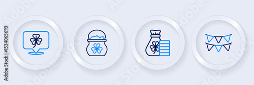 Set line Carnival garland with flags, Money bag clover, Pot of gold coins and Clover trefoil leaf icon. Vector