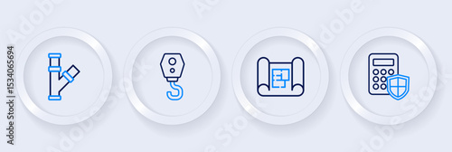 Set line Security keypad access panel, House plan, Crane hook and Industry metallic pipe icon. Vector