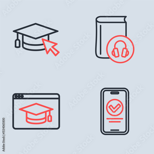 Set line Audio book, Online education, quiz, test, survey and Graduation cap with cursor icon. Vector
