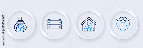 Set line Mustache and beard, Wooden logs, box and Grapple crane grabbed icon. Vector