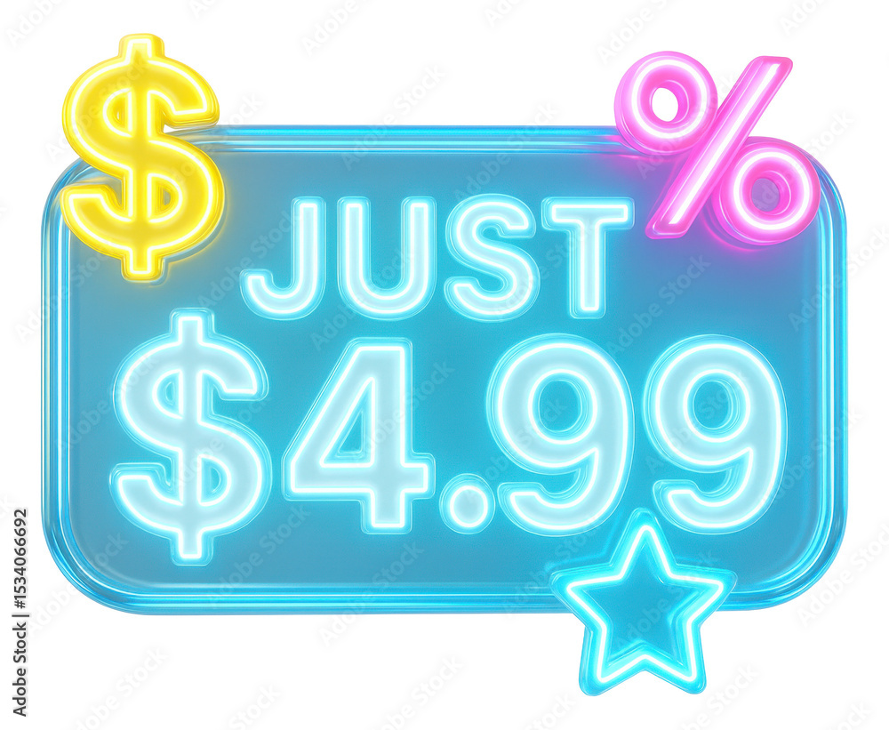 Obraz premium Blue rectangle sticker with JUST $4.99 in neon style, vibrant retail sale offer on transparent background.