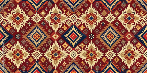 Colorful geometric pattern featuring rich reds, blues, and golds.