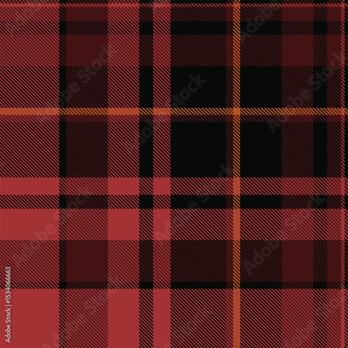 Stylish red, black, and orange plaid pattern.  Perfect for fall fashion, textile design, or website backgrounds.  This richly textured image evokes warmth and tradition.