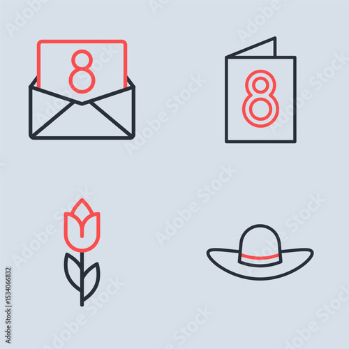 Set line Greeting card with 8 March, Flower tulip, Elegant women hat and Envelope icon. Vector