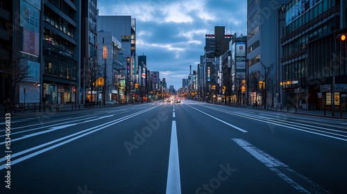 A tranquil, empty city street at dawn, stretching into the distance between tall buildings under a cloudy sky.  Vehicles are barely visible in the far distance
