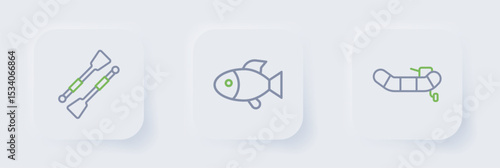 Set line Inflatable boat with motor, Fish and Oars paddles icon. Vector