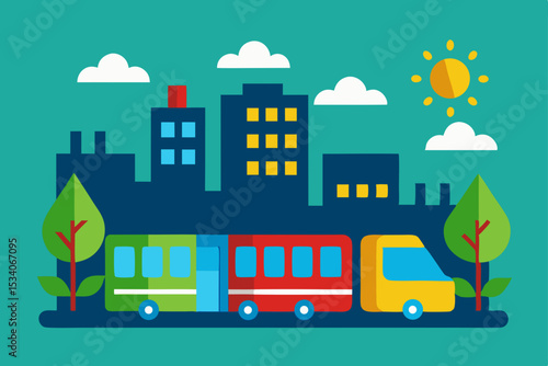 Urban Public Transportation City Bus and Van Illustration