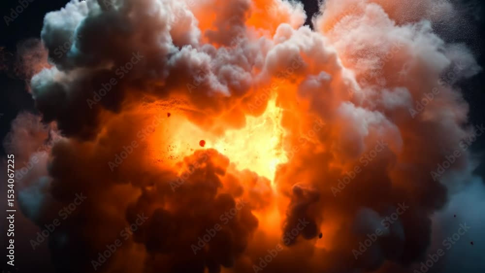 Large fiery explosion with thick smoke clouds