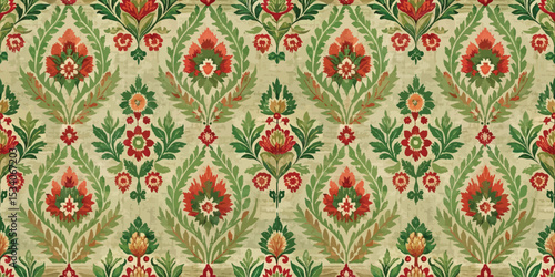Colorful floral textile pattern featuring red and green motifs against a soft beige background.