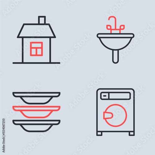 Set line Washbasin, Washing dishes, Washer and House icon. Vector