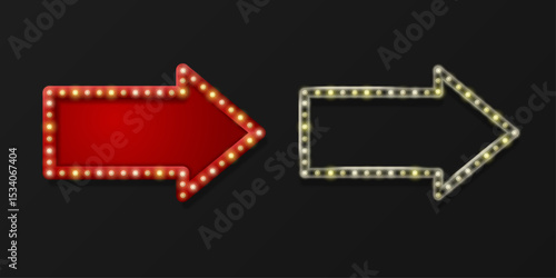 Realistic signs of the red and glass arrow frame with yellow bulbs. Vector 3D Illustration.
