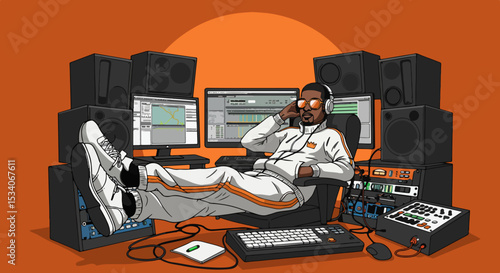 Young male music producer working in high-tech recording studio with audio equipment