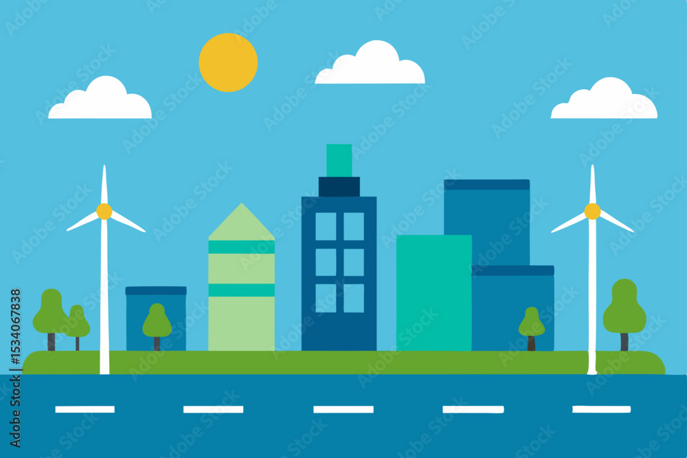 Naklejka premium City road landscape vector illustration with buildings, trees, and sky